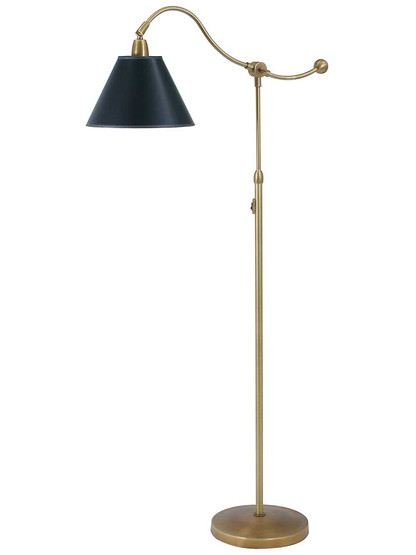 Hyde Park Counter Balance Floor Lamp with Black Parchment Shade in Weathered Brass.